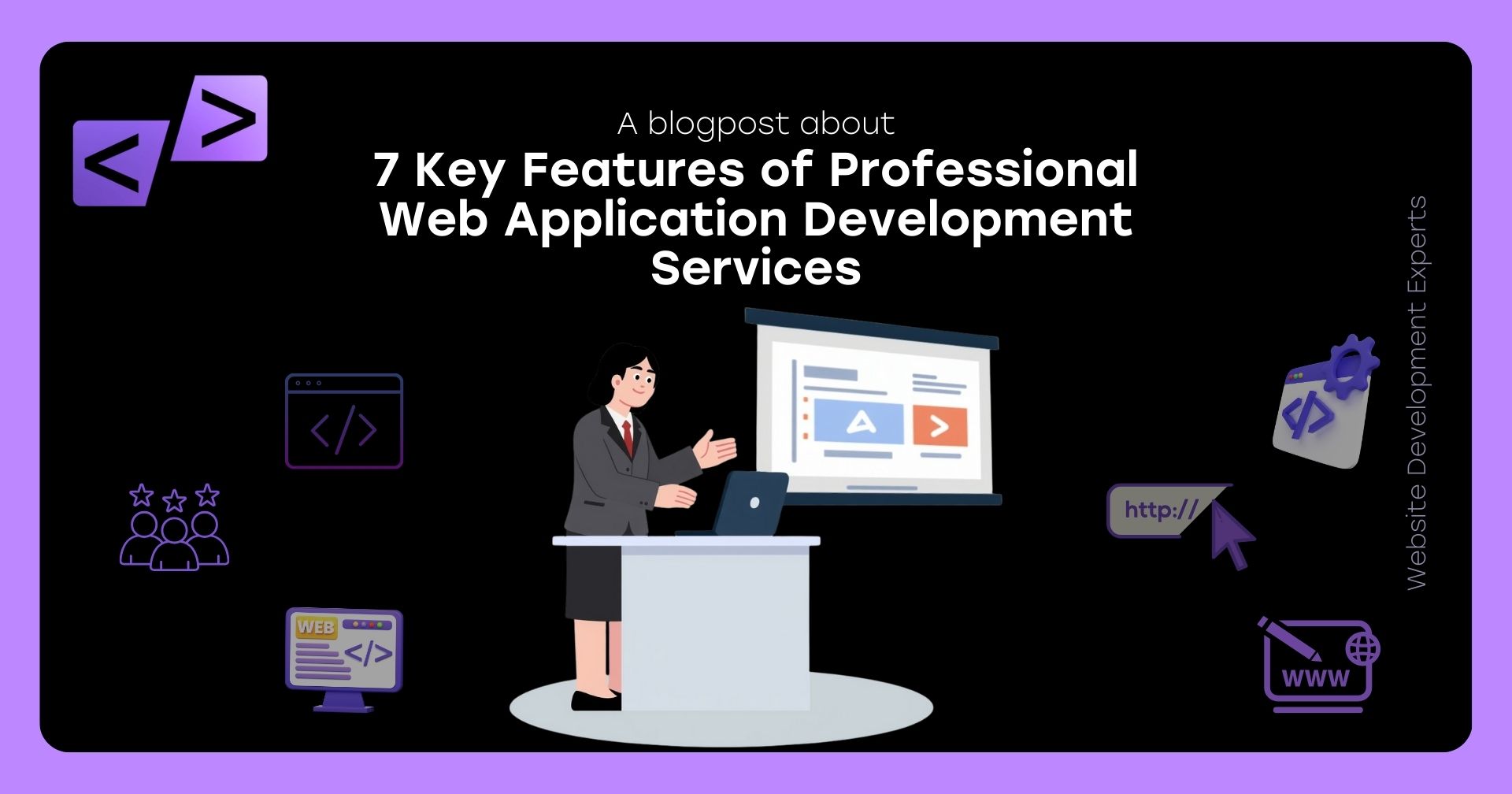 Illustration of a professional woman presenting web development code on a screen, surrounded by icons representing coding, web pages, and website development experts.